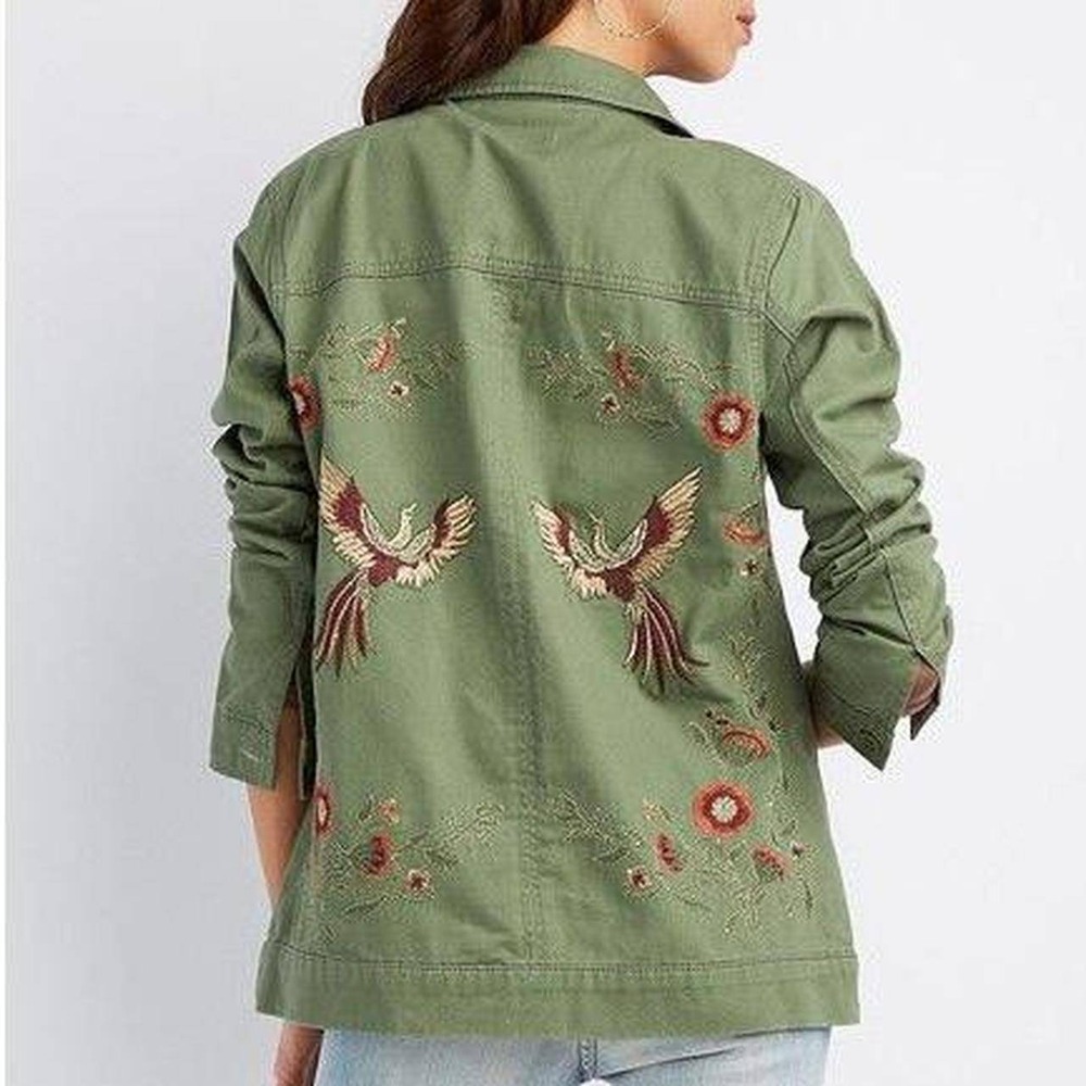 Dollhouse Olive Green Embroidered Utility Jacket with Bird Motif